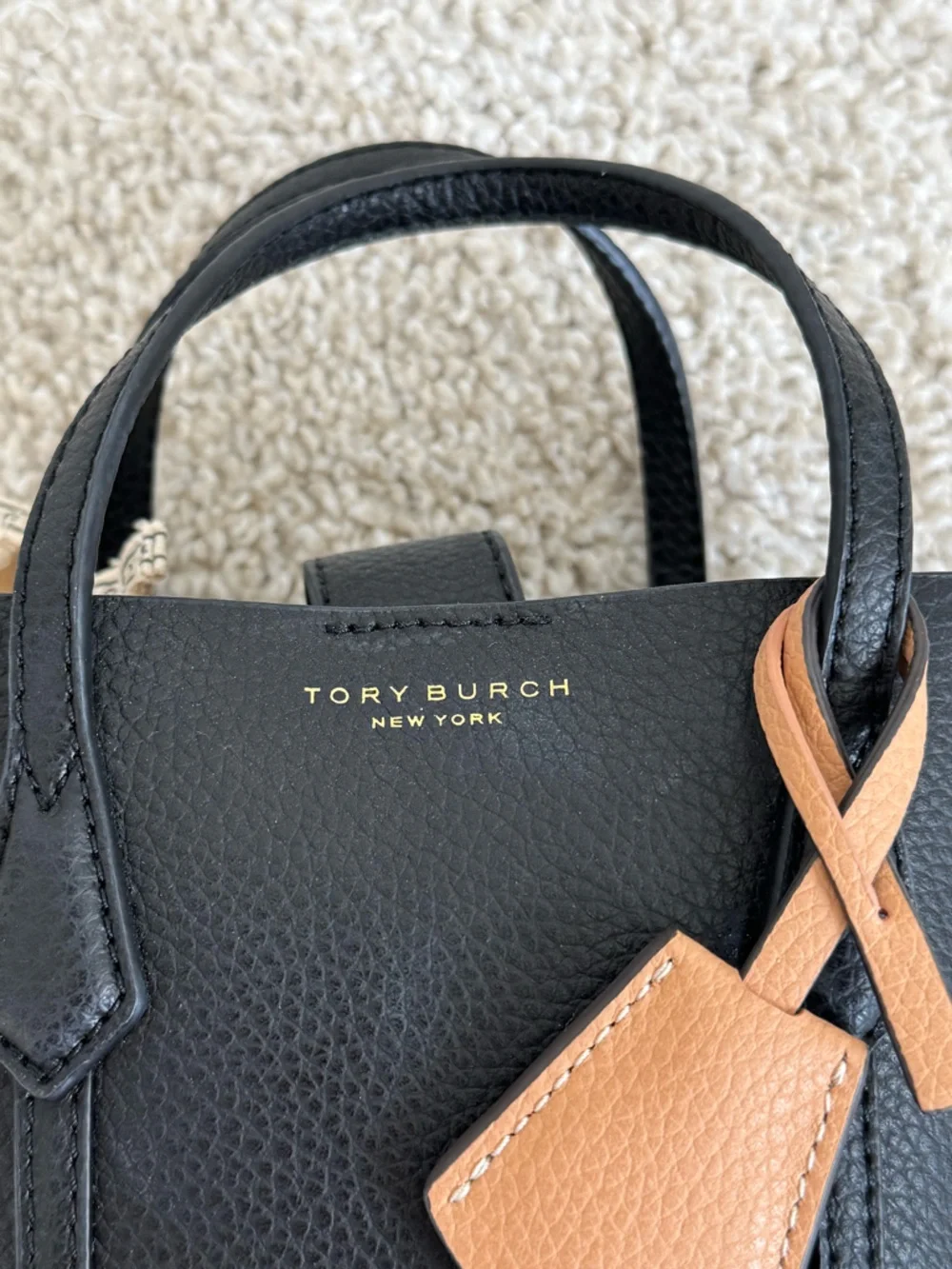 Tory Burch Perry Black Pebbled Leather Mini Crossbody with Tan Charm